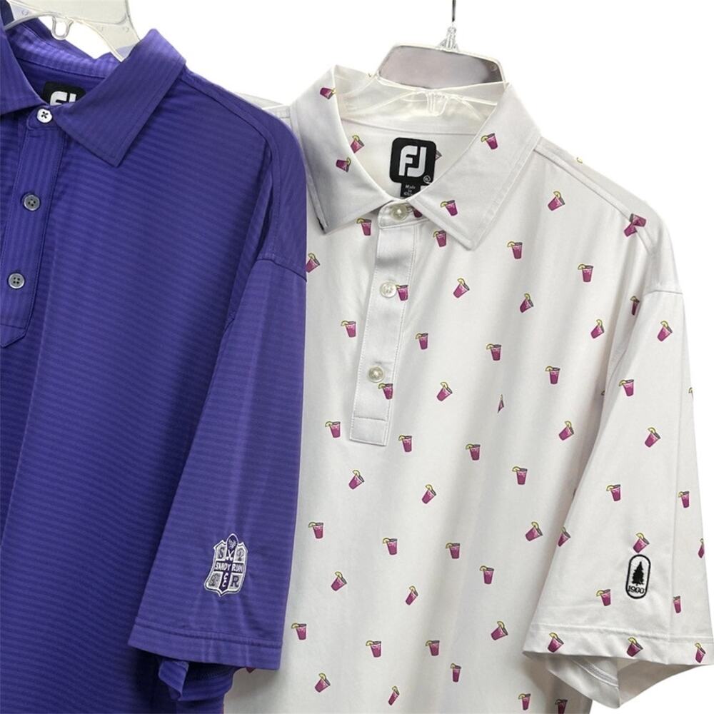 2 Lot FootJoy Golf Shirt Men XL FJ Polo Purple Stripe & Cocktail Drink AOP White